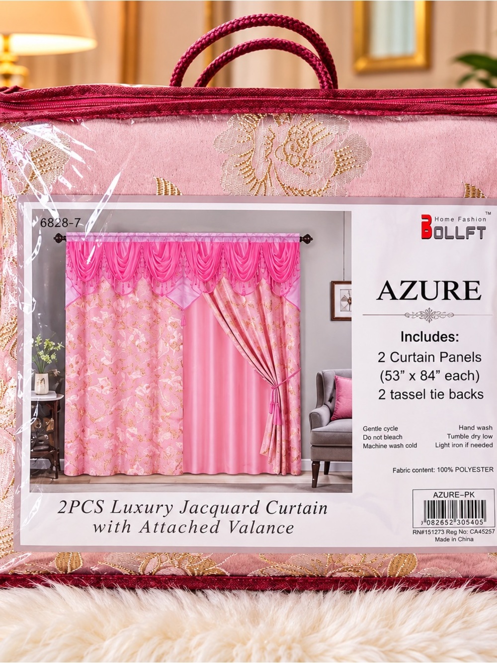 Azure Luxury Pink Jacquard Curtain Set with Valance